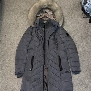 Women's DKNY Double Zip Gray Hooded Puffer Coat